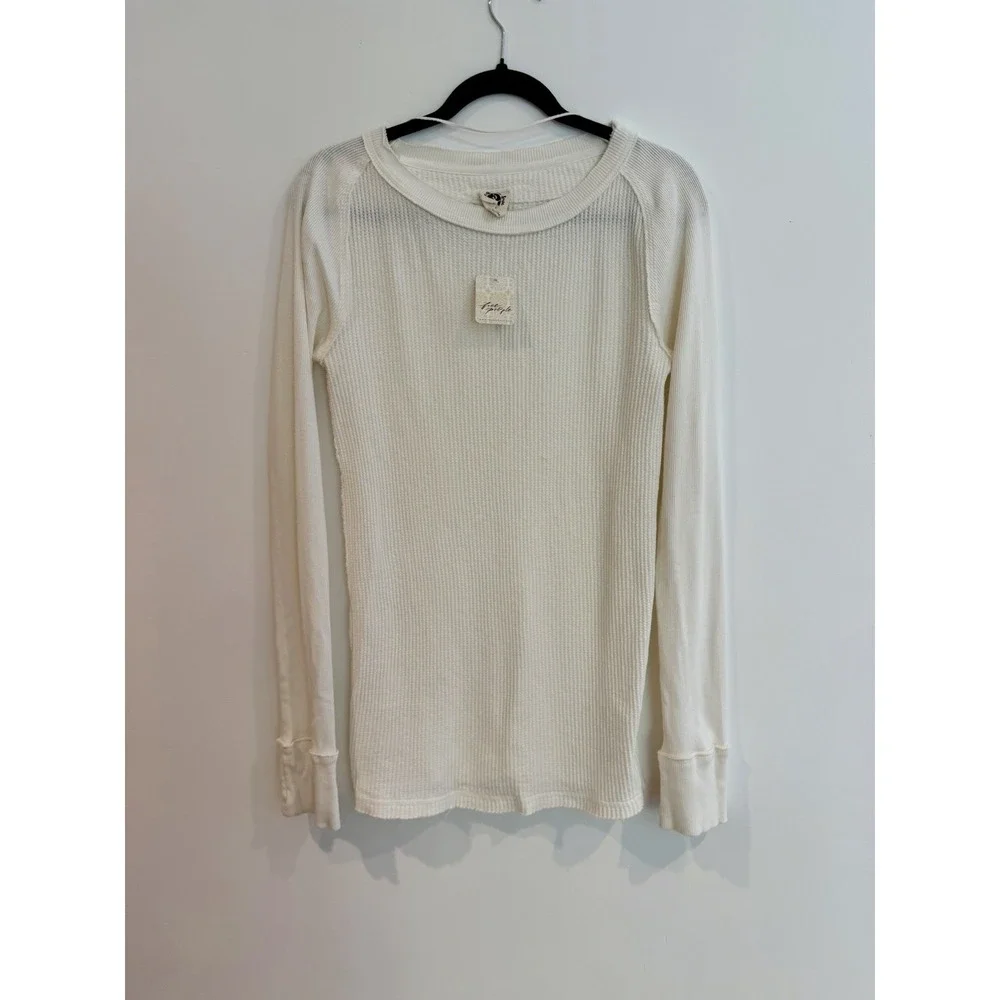 Free People Ivory Waffle Knit Long Sleeve T-Shirt NWT Sz M Honey B 100% Cotton